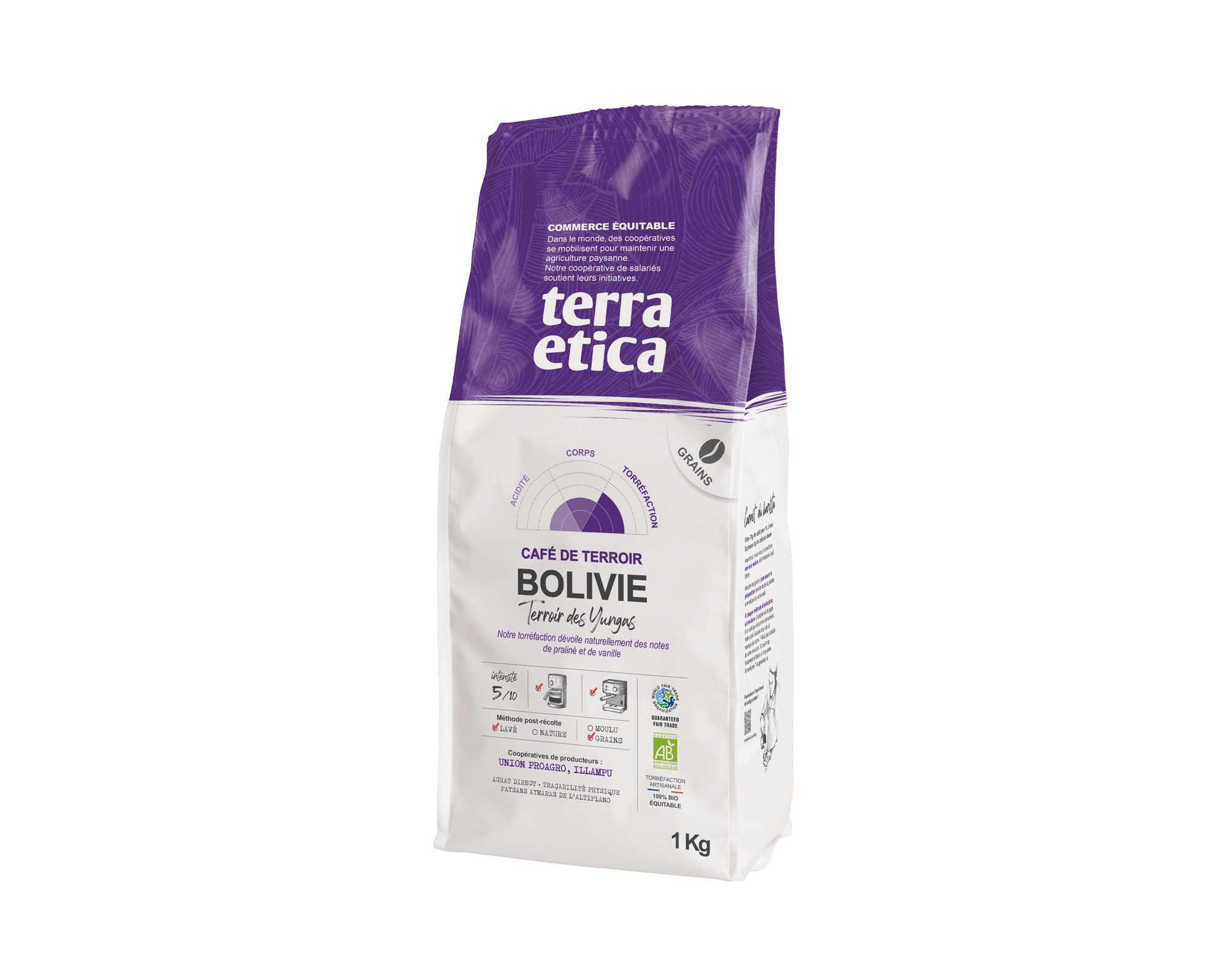 Pur café arabica Bolivie en grains biologique et équitable, format 1kg - Terra Etica I Café Michel