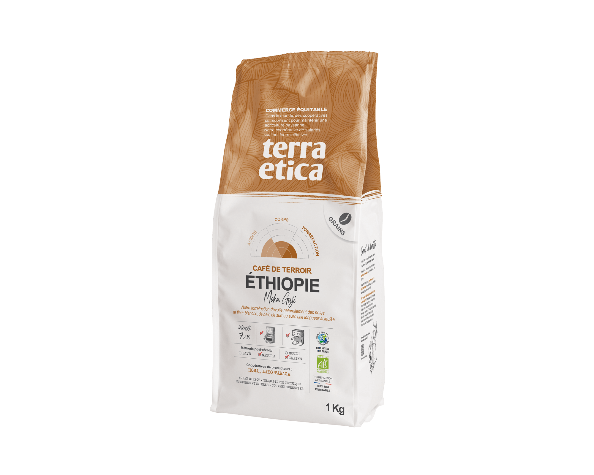 Pur Café arabica Éthiopie Moka Guji en Grains biologique et équitable en format 1kg - Terra Etica I Café Michel