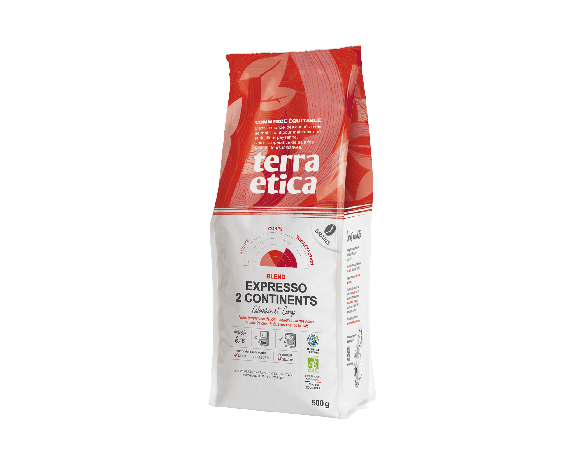 Mélange blend arabica Expresso 2 Continents en grains biologique et équitable - format 500g - Terra Etica l Café Michel