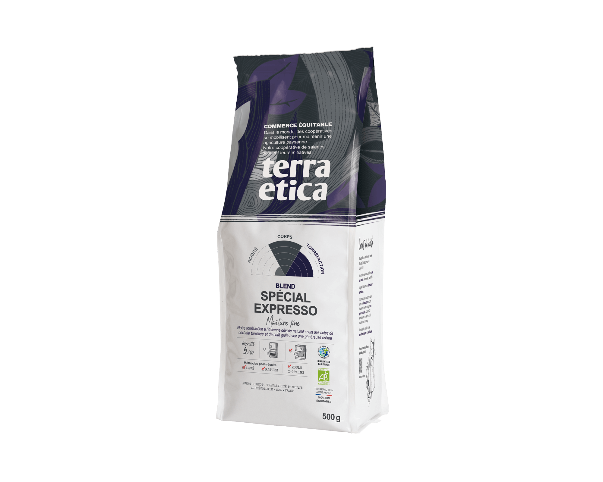 Blend mélange de café arabica et robusta moulu Spécial Expresso bio et équitables, paquet 500 gr - Terra Etica I Café Michel