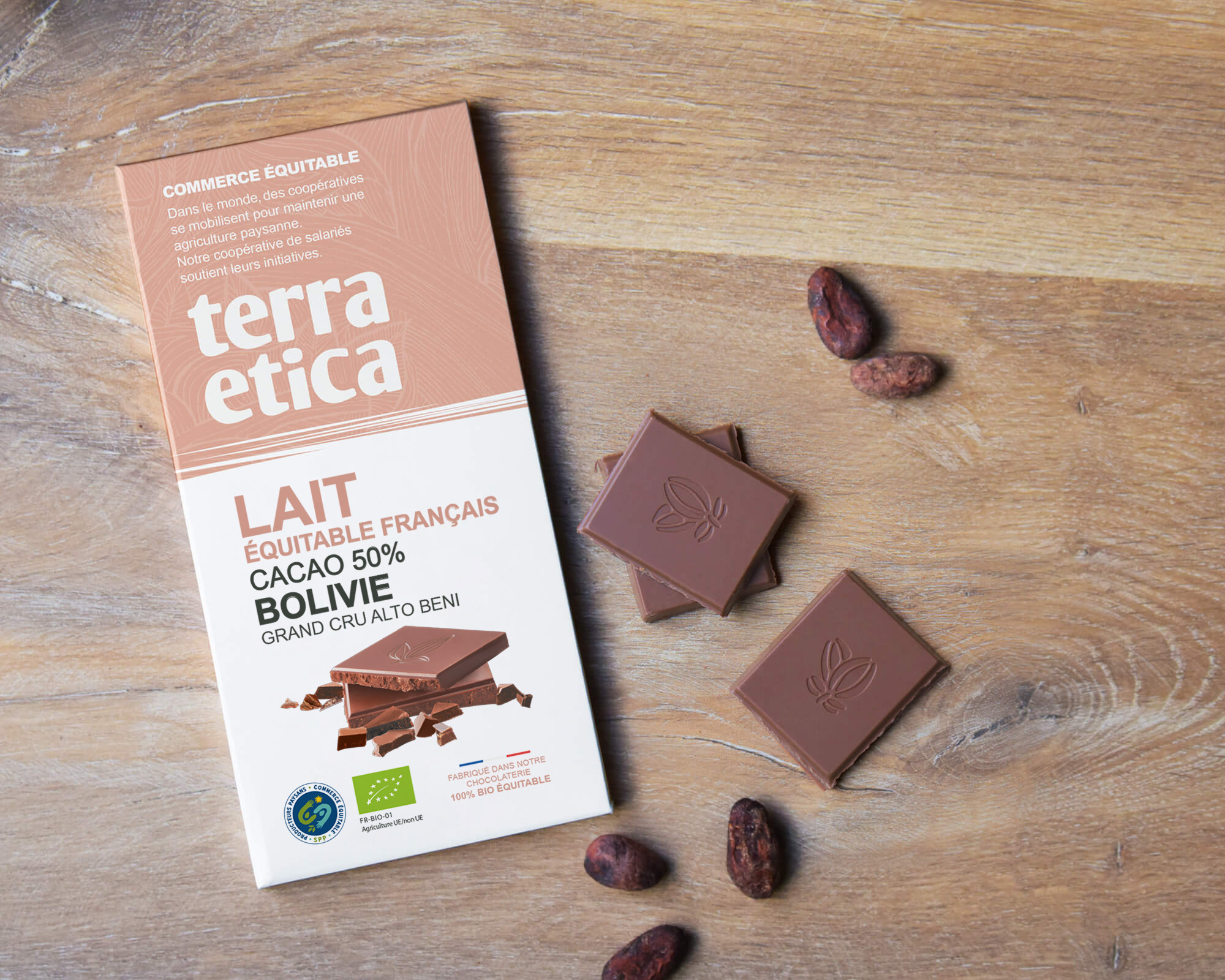 Tablette de chocolat au lait bio et équitable 50% cacao de Bolivie -Terra Etica I Café Michel