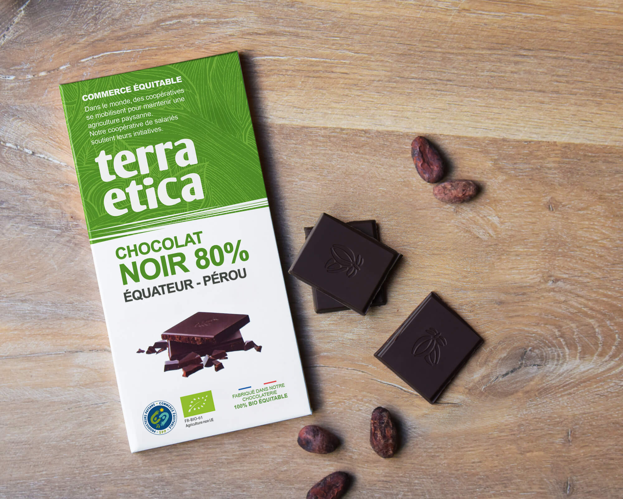 Chocolat noir bio et équitable 80% de cacao d'Equateur et Pérou