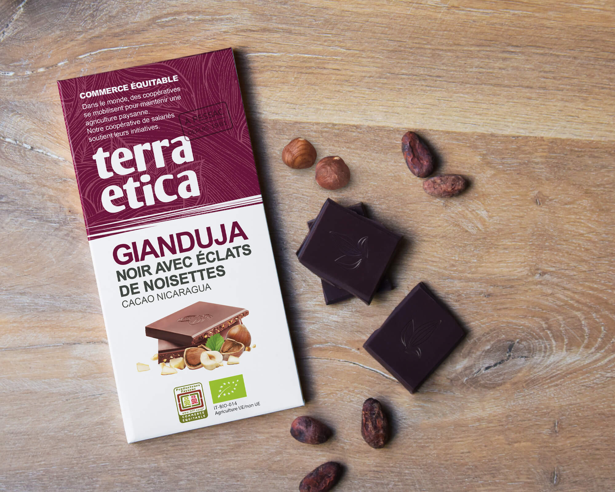 Terra Etica - Chocolat Noir Gianduja bio et équitable du Nicaragua aux éclats de noisettes