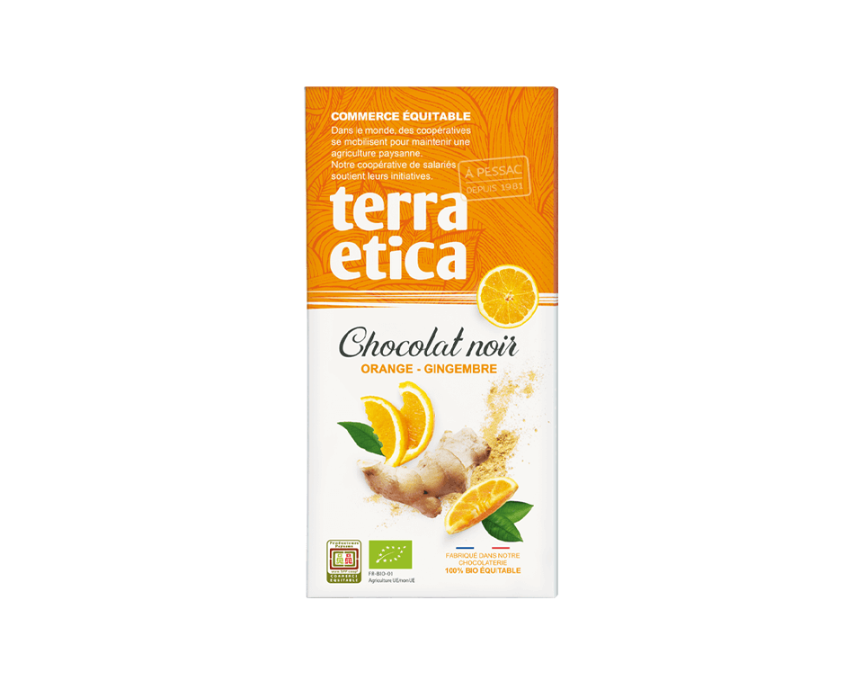 Terra Etica - Tablette chocolat noir aux écorces d'orange confites et au gingembre, équitable et bio