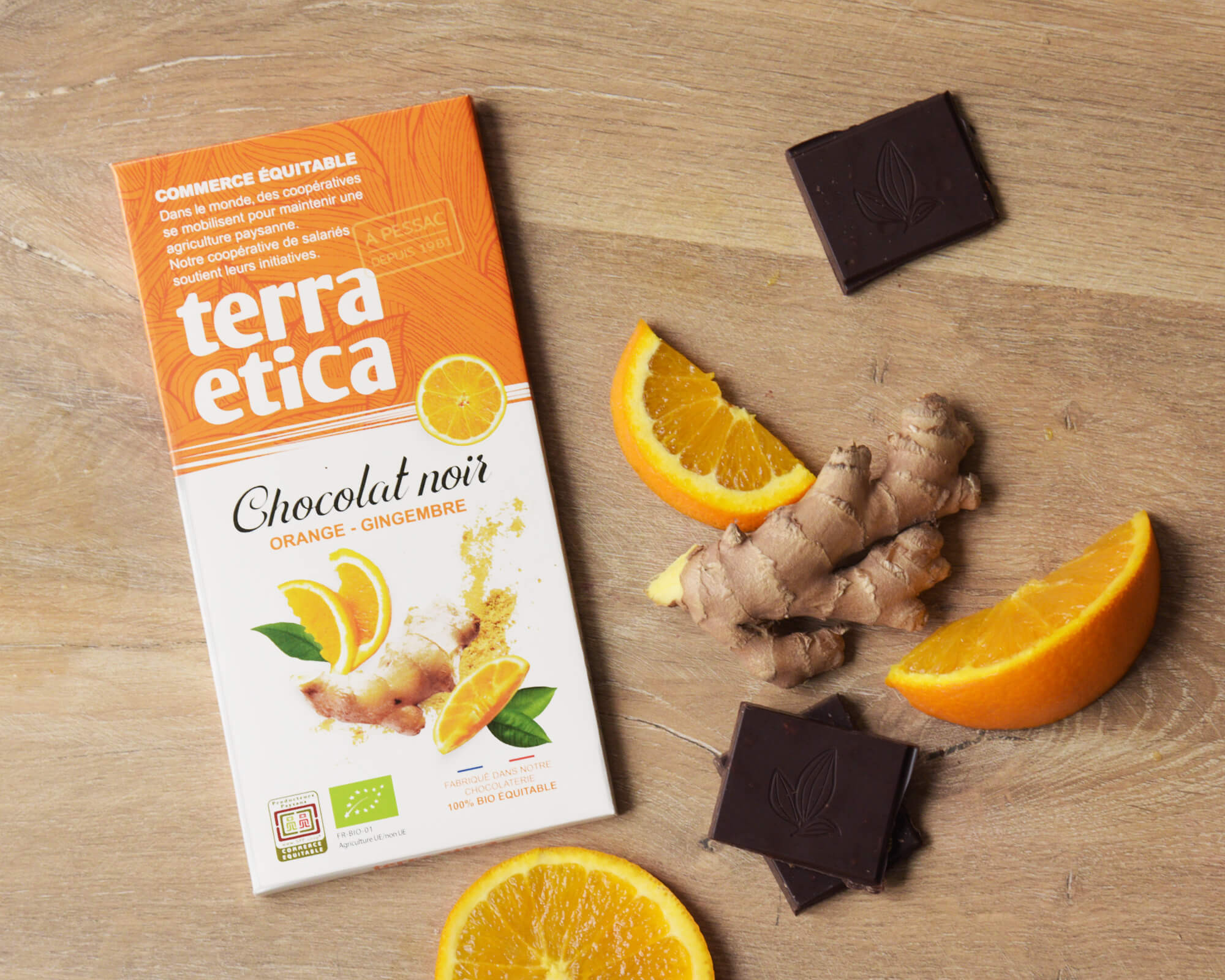 Terra Etica - Tablette chocolat noir aux écorces d'orange confites et au gingembre, équitable et bio