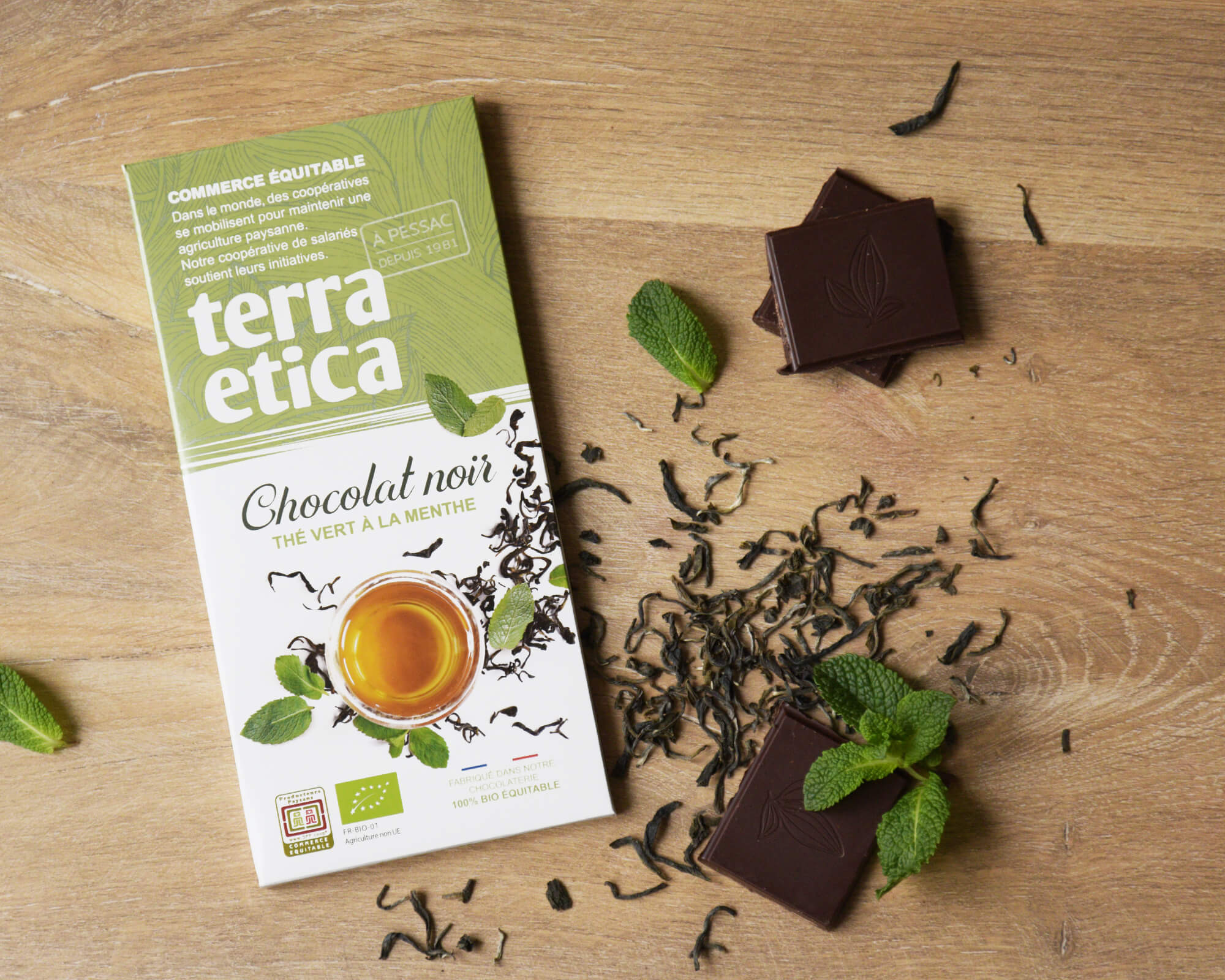 Terra Etica - Tablette de chocolat noir au thé vert à la menthe bio et issues du Commerce équitable