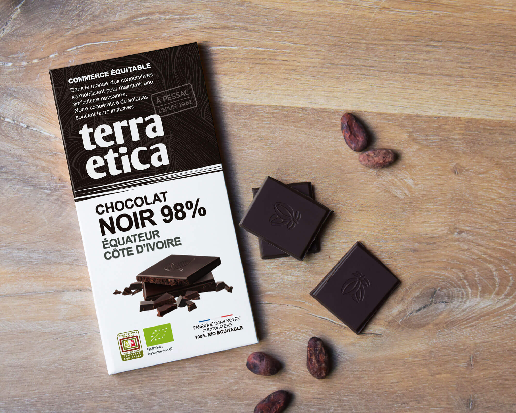 Terra Etica - Chocolat Noir bio 98% de cacao d'Equateur et de Côte d'Ivoire, issu du commerce équitable