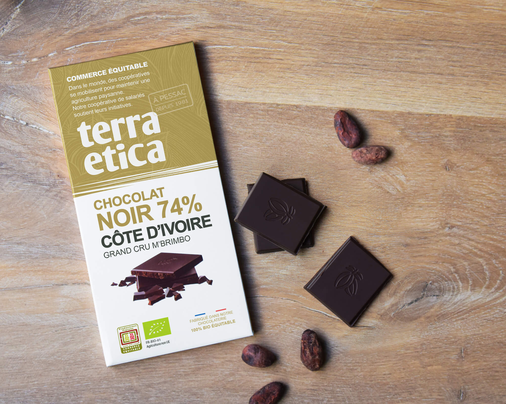 Chocolat Noir bio et équitable 74% cacao Côte d'Ivoire I Terra Etica