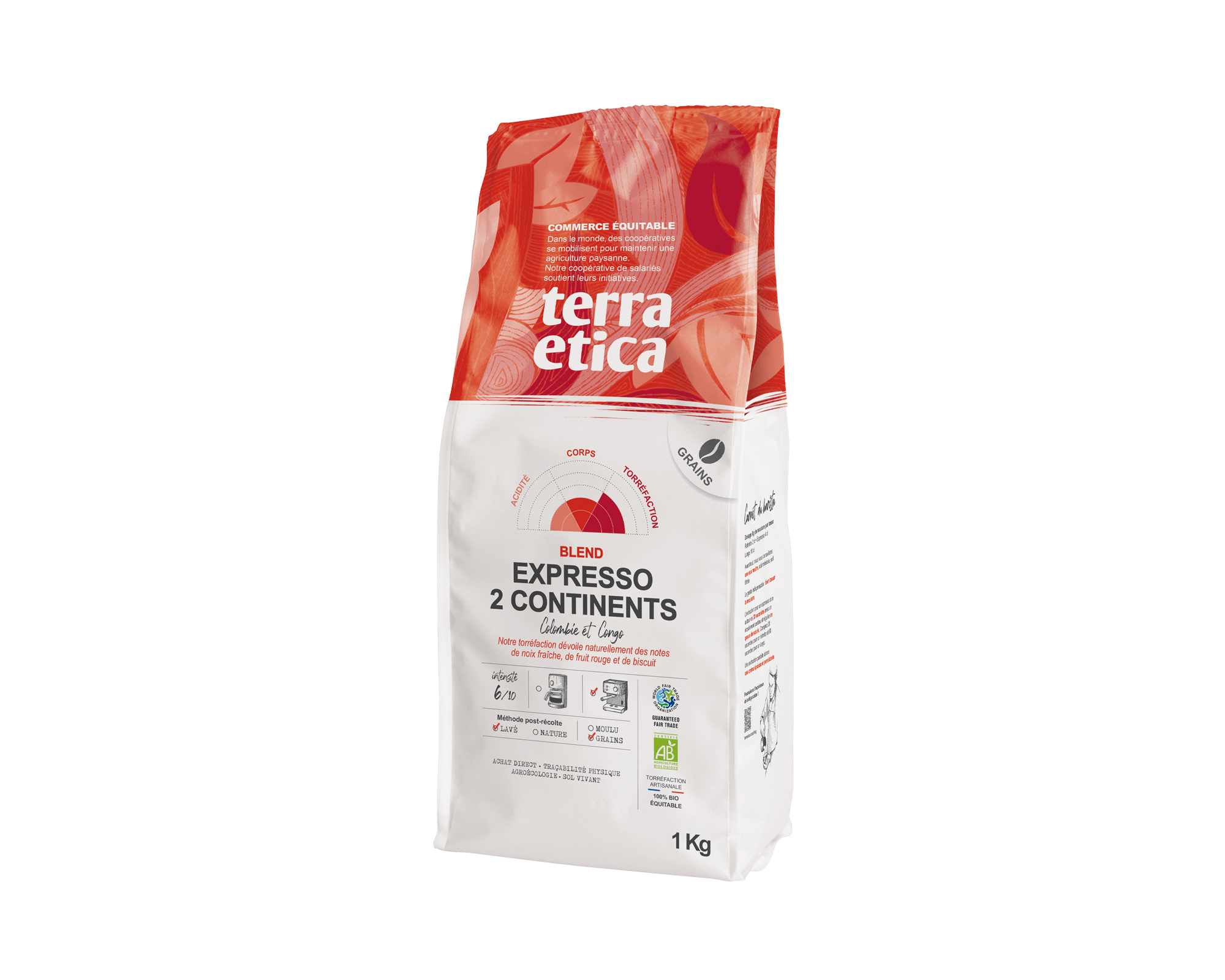 Terra Etica - Mélange blend arabica Expresso 2 Continents en grains biologique et équitable - format 1kg